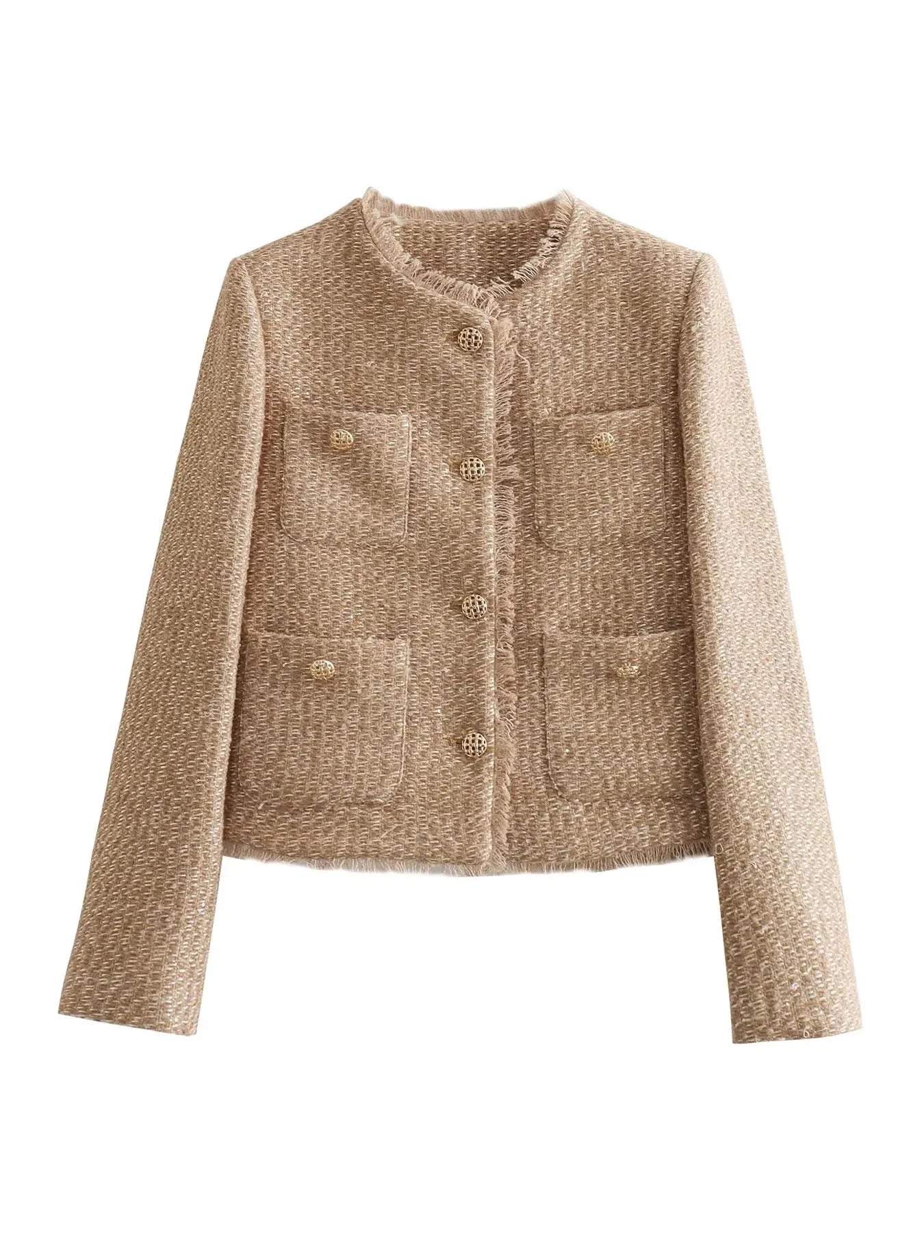 Damen Tweed-Jacke Elegantes Design Knopfleiste Beige