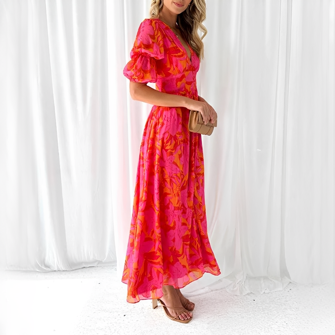 Damen Maxikleid V-Ausschnitt Puffärmel Elegant Lang