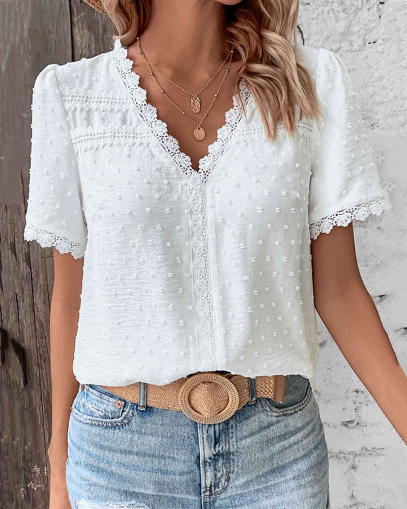 Damen Spitzen-Shirt Weiß V-Ausschnitt Kurzarm