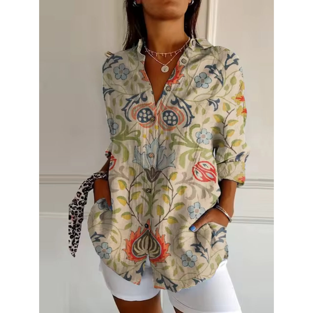 Damen Blumenbluse Knopfleiste Lange Ärmel Luftig