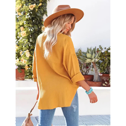 Damen Bluse Unifarbe Knopfleiste Hemdkragen Elegante Langarmbluse