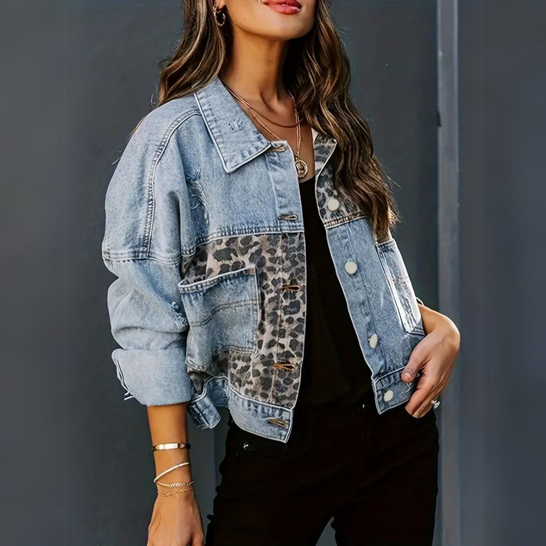 Eveloria Damen Jeansjacke Leoprint - Eveloria