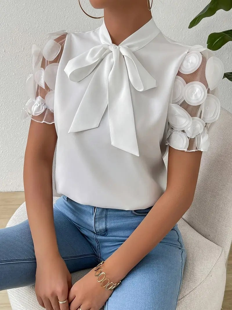 Damen Elegante Bluse Schleifendetail Transparente Ärmel