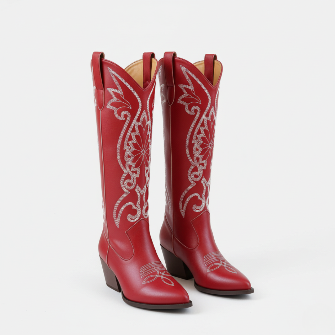 Damen Stiefel Kunstleder Knielang Bestickt Western Blockabsatz