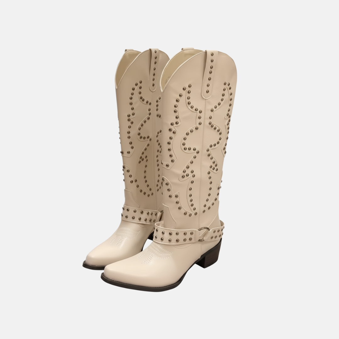 Eveloria Damen Stiefel Kunstleder Knielang Spitzzehe Nieten