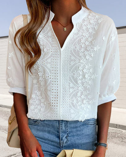 Damen Bluse V-Ausschnitt Puffärmel
