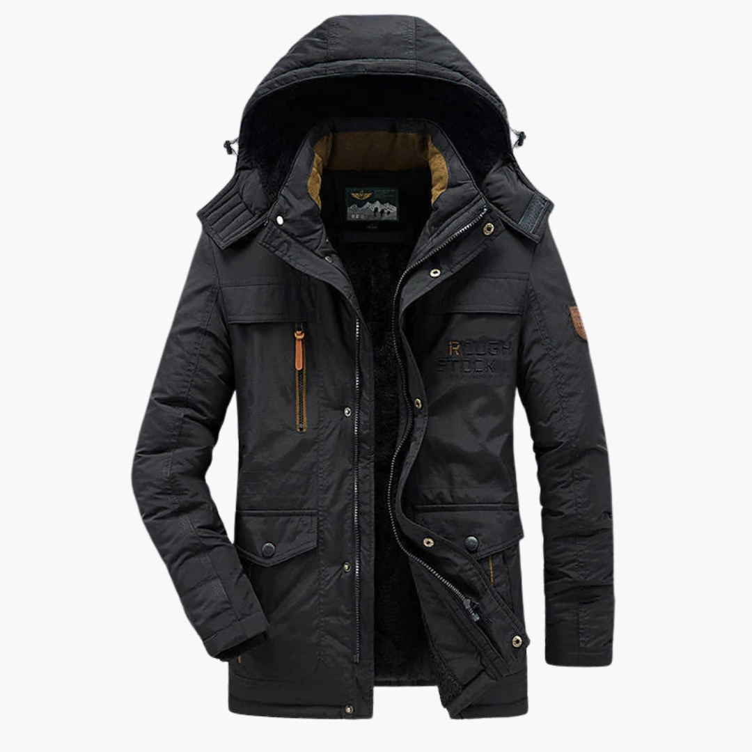 Herren Lange Winterjacke Fleece Schwarz - Eveloria
