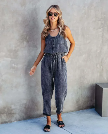 Eveloria Damen Denim Jumpsuit Blau Sommer