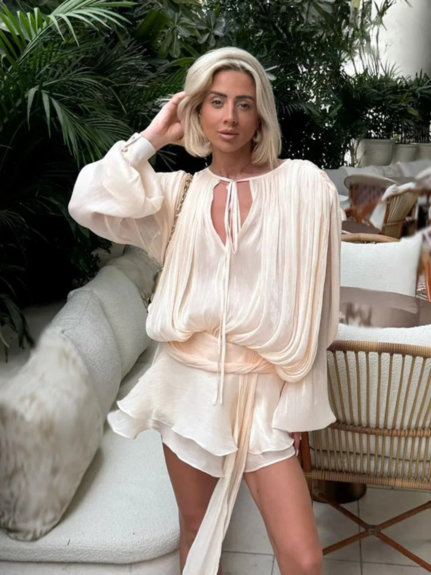 Damen Mini-Playsuit Ballonärmel Eleganter Schnitt Sommer Weiss