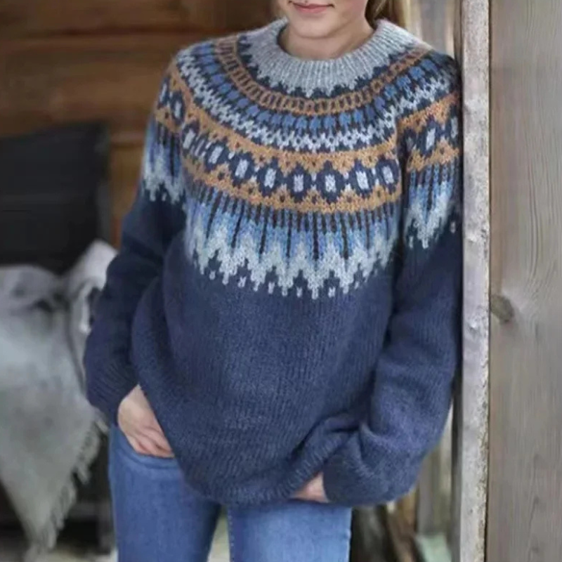 Aubryna Damen Grobstrickpullover Norwegermuster Tribal Look