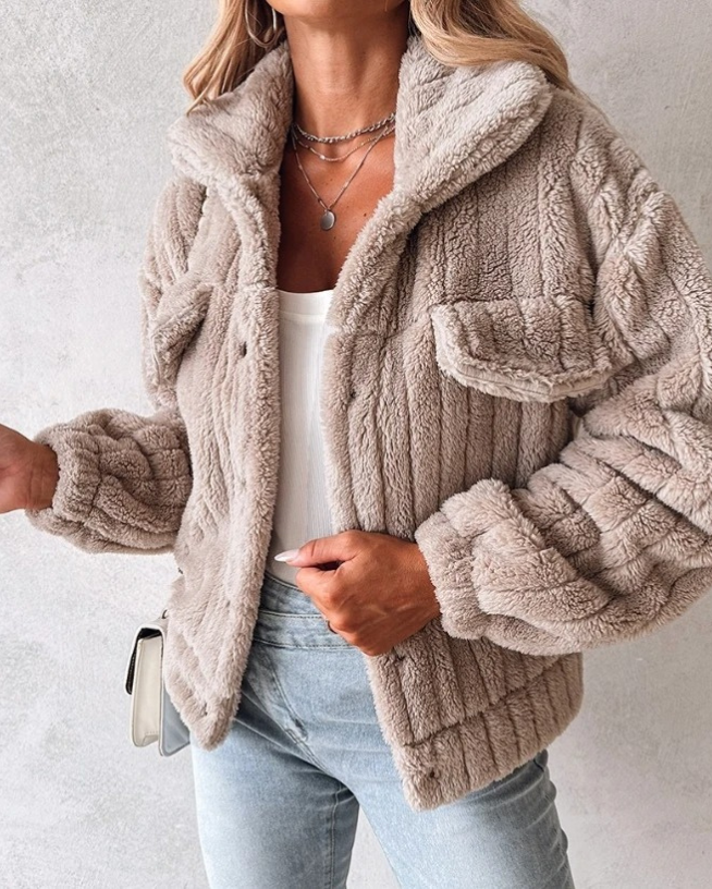 Damen Teddyjacke Kurz Reverskragen Kuschelig Braun