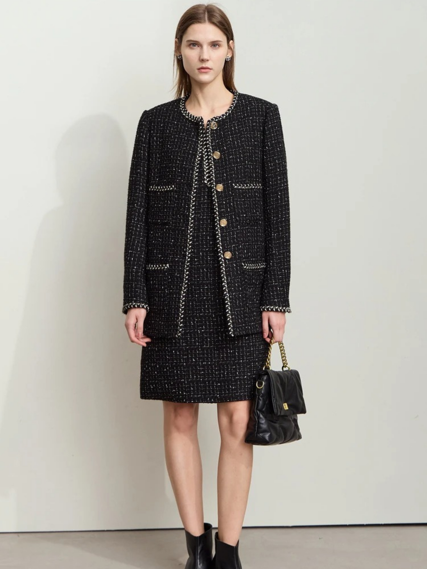 Damen Tweedjacke Rundhalsausschnitt Zierborte - Eveloria