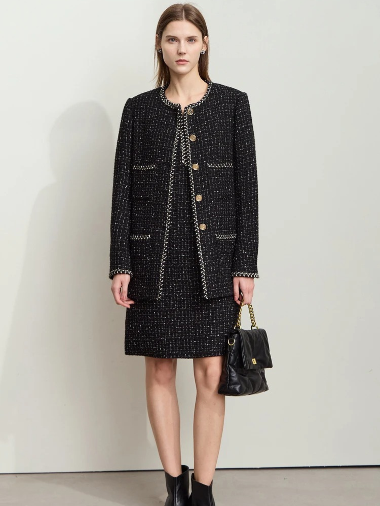 Damen Tweedjacke Rundhalsausschnitt Zierborte - Eveloria