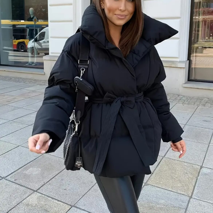 Damen Winterjacke Tailliert Schwarz Mit Gürtel - Eveloria