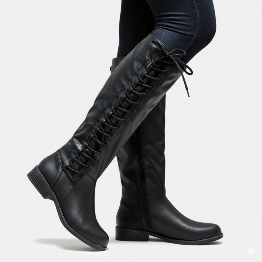 Damen Kniehohe Stiefel Kunstleder Kreuzschnürung Schwarz - Eveloria