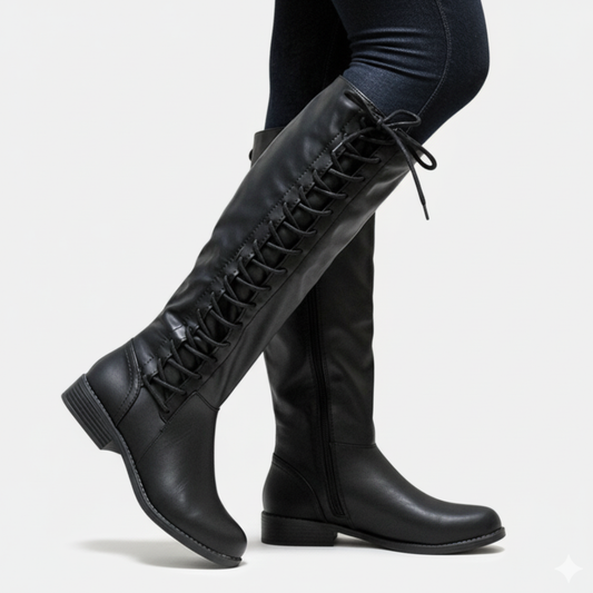 Damen Kniehohe Stiefel Kunstleder Kreuzschnürung Schwarz - Eveloria