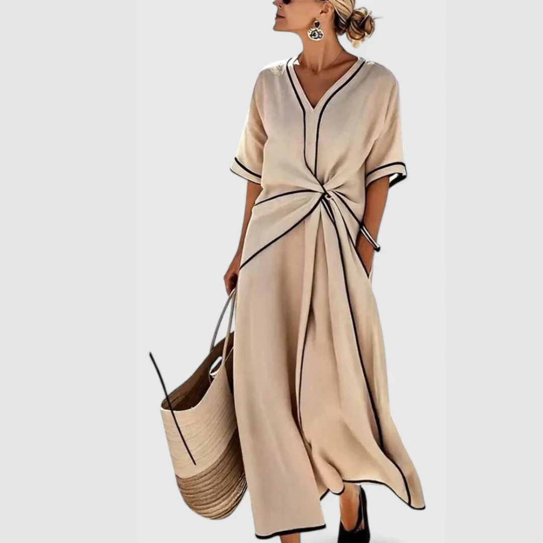 Damen V-Ausschnitt Midi Kleid Bindegürtel