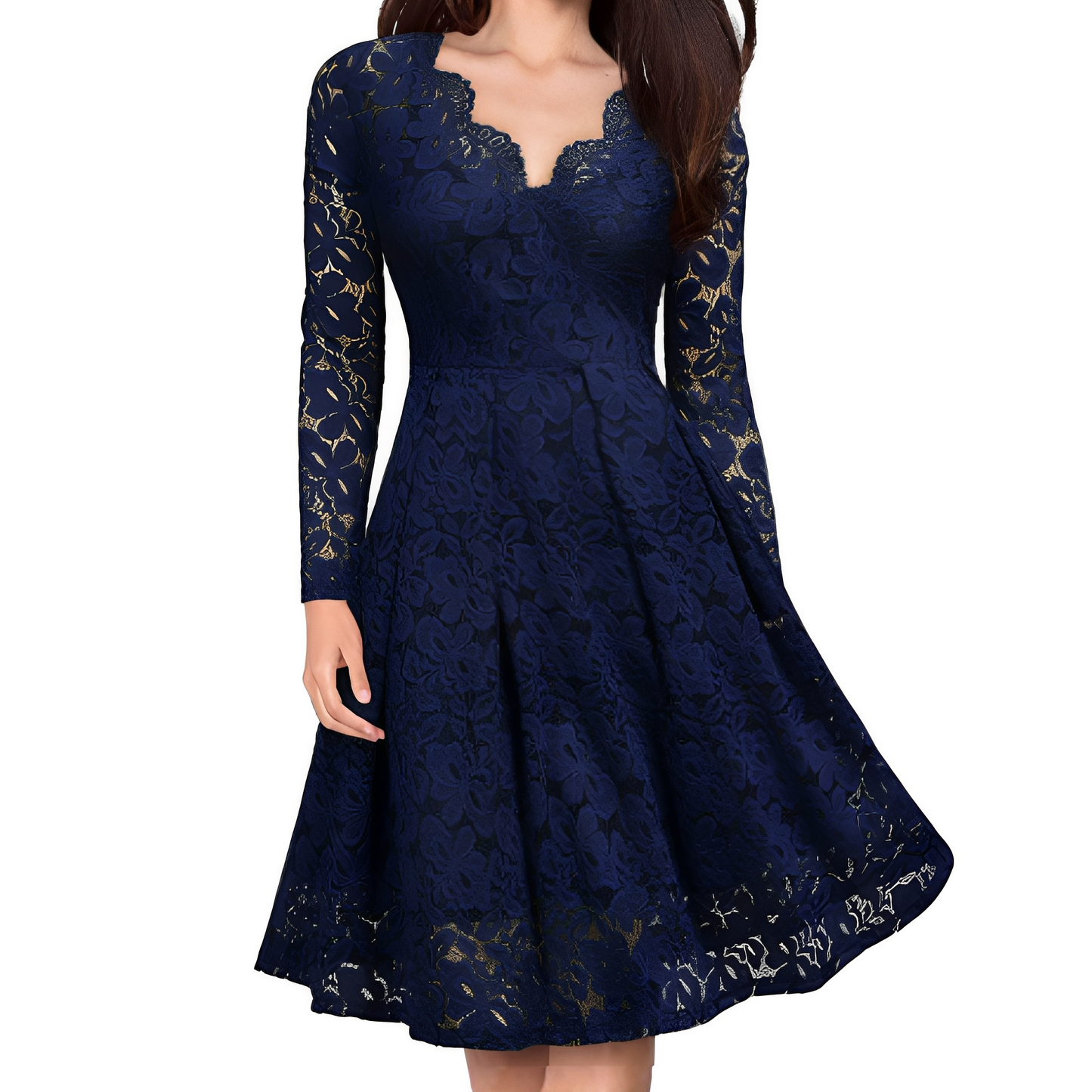 Damen Eleganzkleid V-Ausschnitt Länge Knie Langärmlig