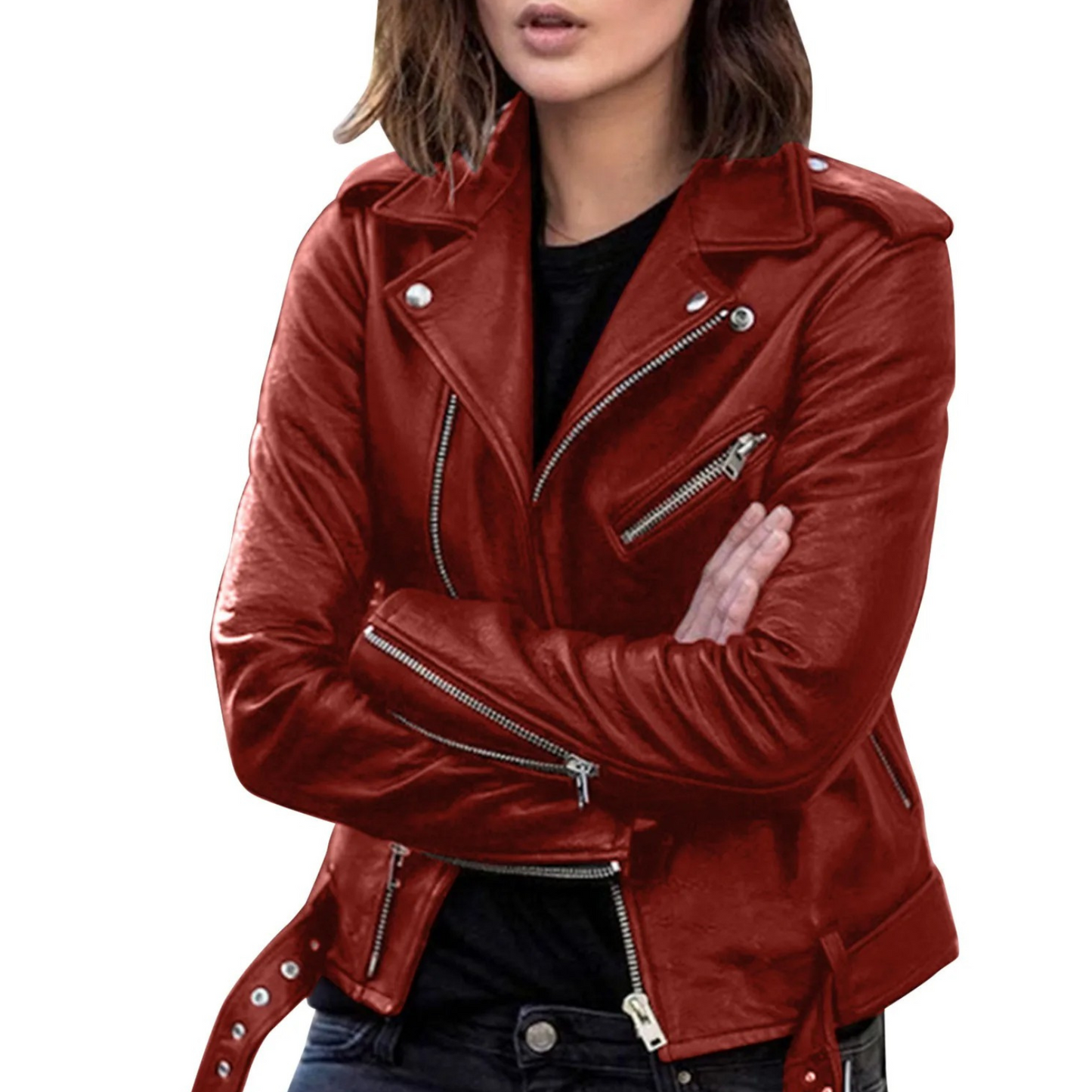 Eveloria Damen Bikerjacke Leder Gürtel