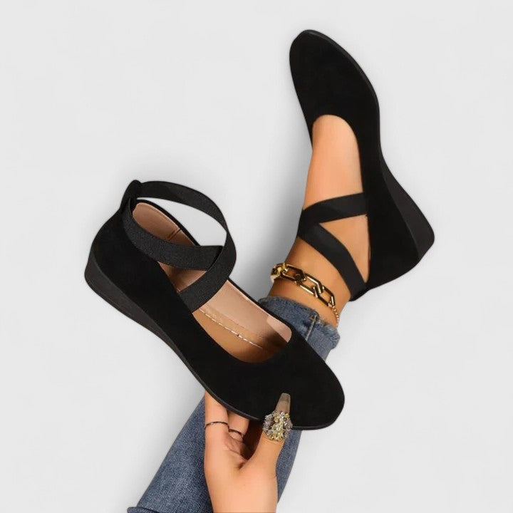 Damen Flats Rundzehen Keilabsatz Leder Braun - Eveloria