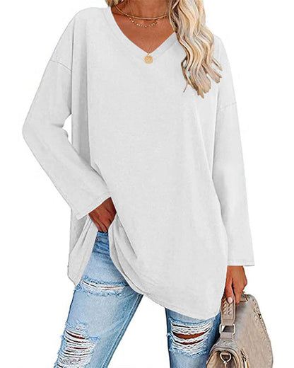 Eveloria Damen Langarm T-Shirt V-Ausschnitt Einfarbig