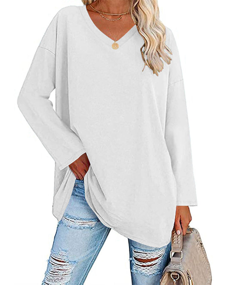 Eveloria Damen Langarm T-Shirt V-Ausschnitt Einfarbig