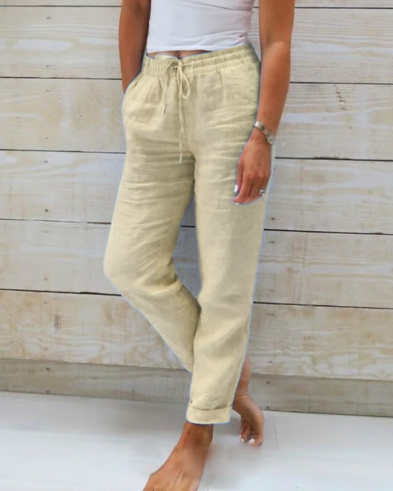 Damen Leinenhose Lässig Sommer Beige mit Kordelzug