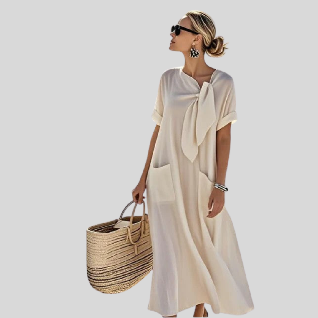 Elisa Damen Midi Kleid mit Bindekragen und Taschen Leicht Lockeres