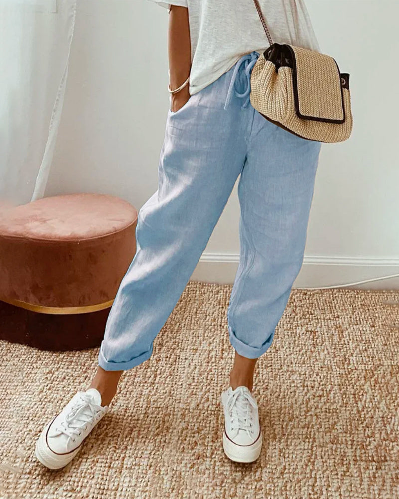 Damen Leinenhose Sommer mit Kordelzug Beige