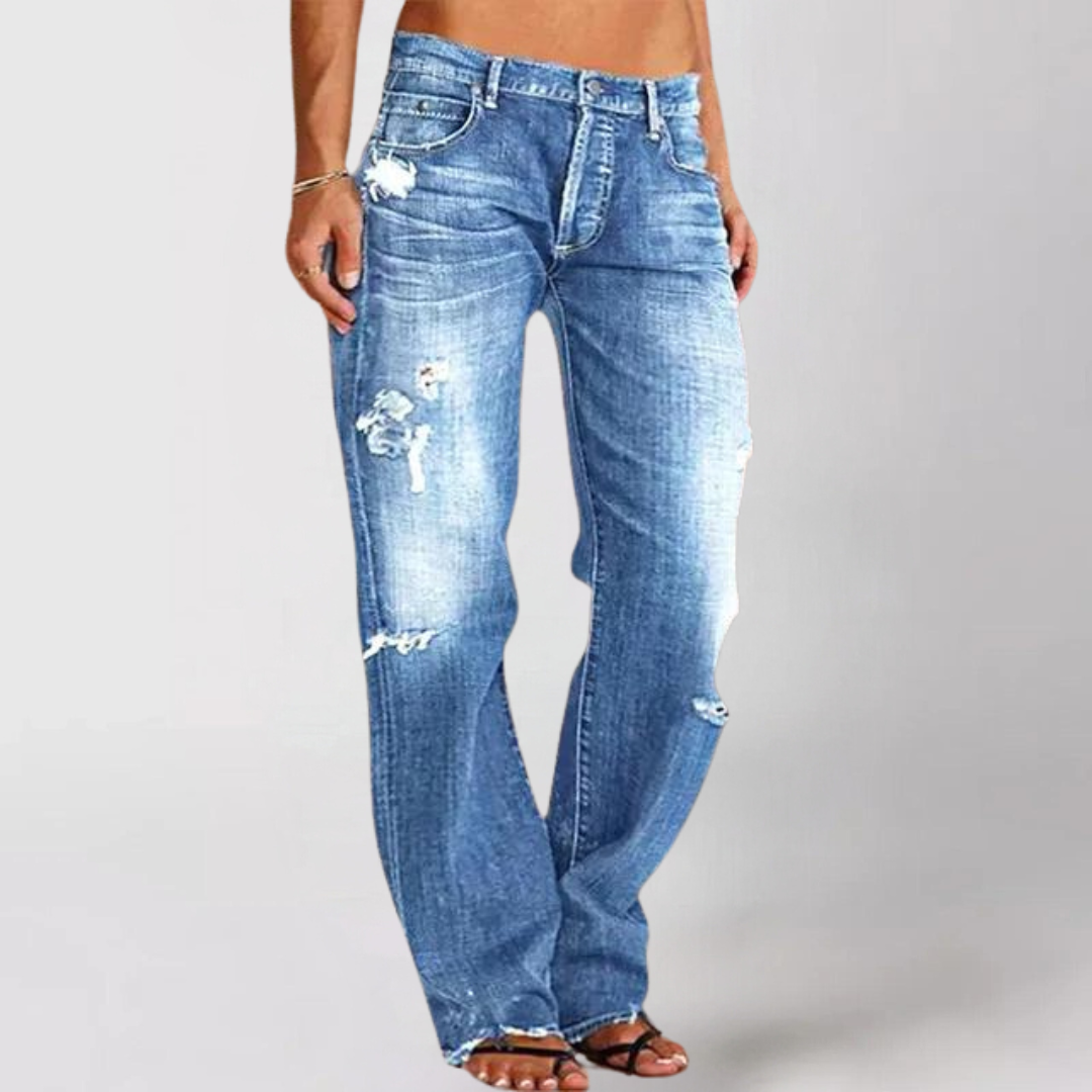 Damen High-Waist Straight Jeans Destroyed dunkelblau - Eveloria