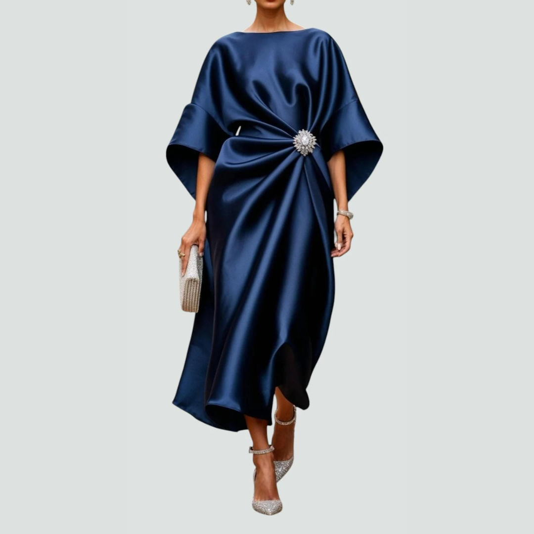 Damen Fledermausärmel Midi Kleid Drapiert Schwarz - Eveloria