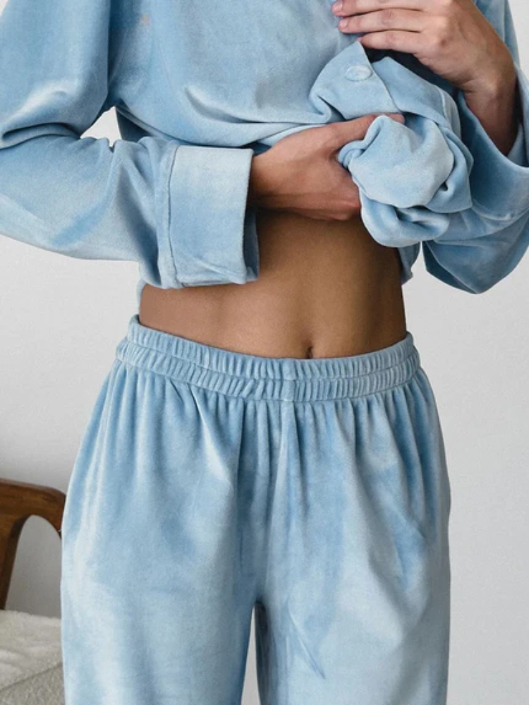 Damen Pyjama Set Blau Zweiteiler mit Knöpfen
