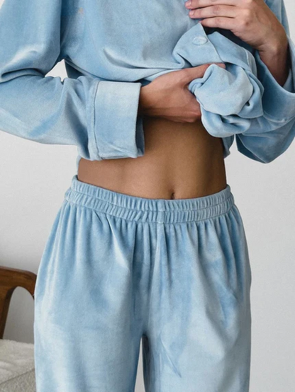 Damen Pyjama Set Blau Zweiteiler mit Knöpfen