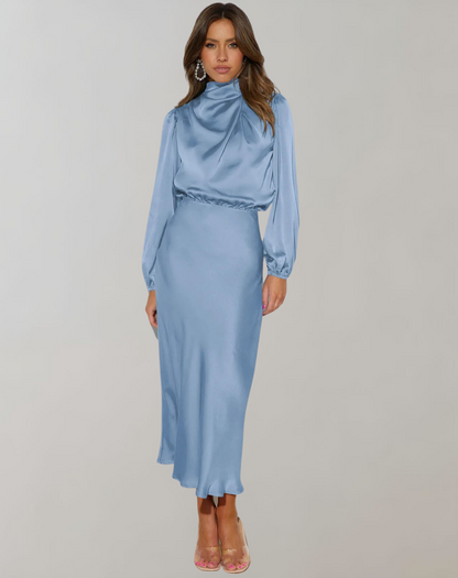 Eveloria Damen Satin Kleid Langärmlig
