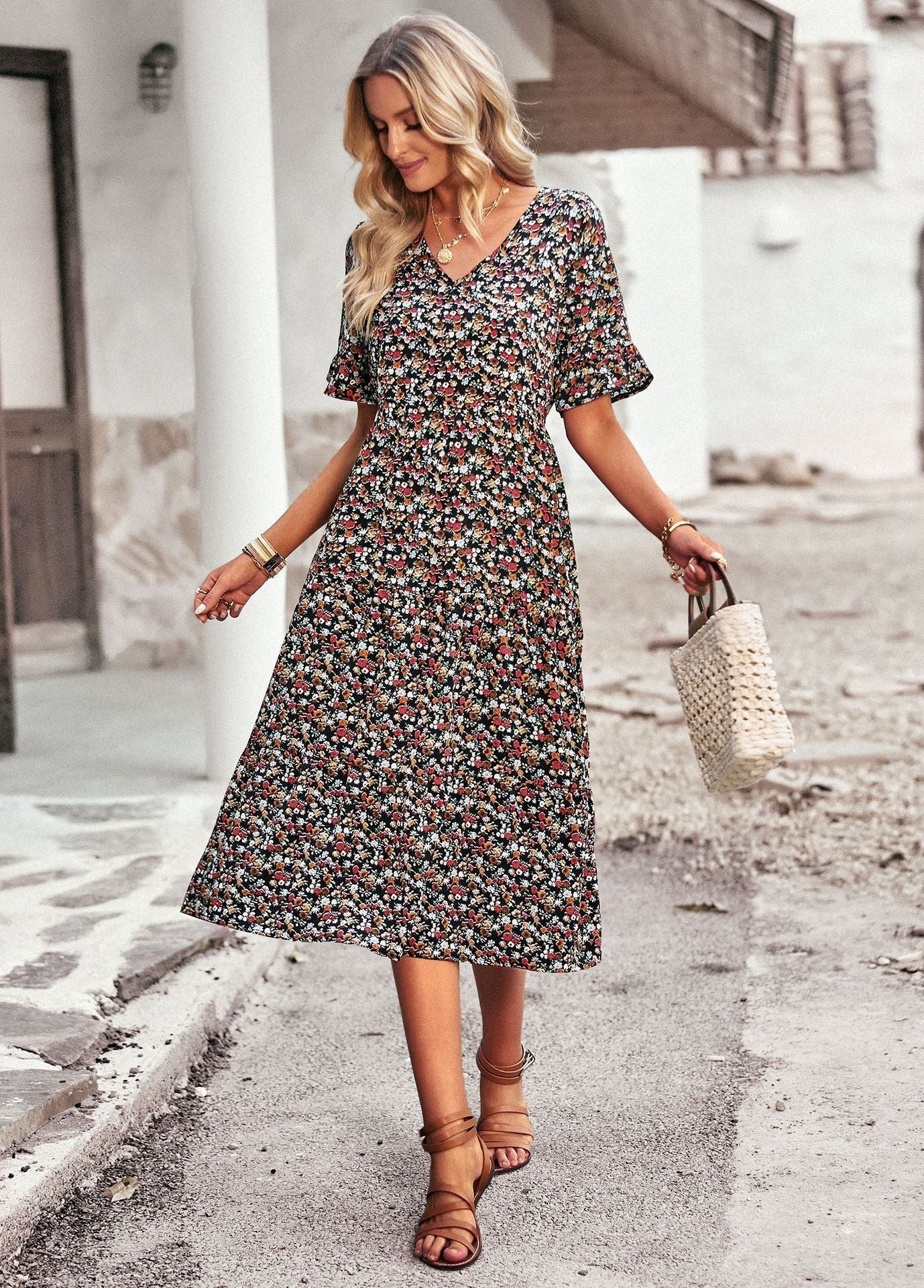 Damen Florales Midikleid Bequeme Passform