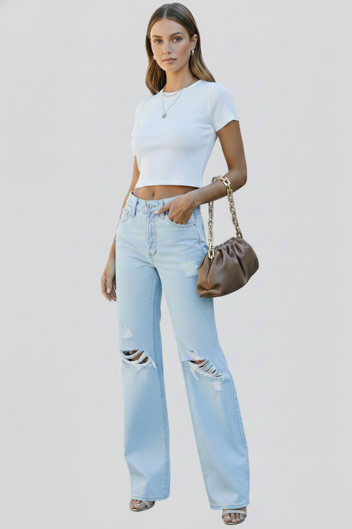 Damen High-Waist Jeans Weite Bein Rippen Ausgestellt