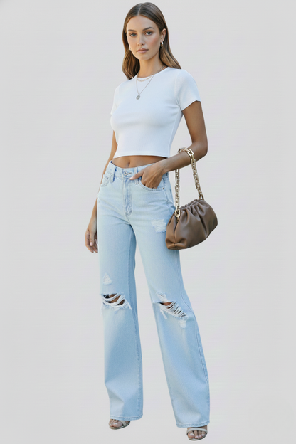 Damen High-Waist Jeans Weite Bein Rippen Ausgestellt