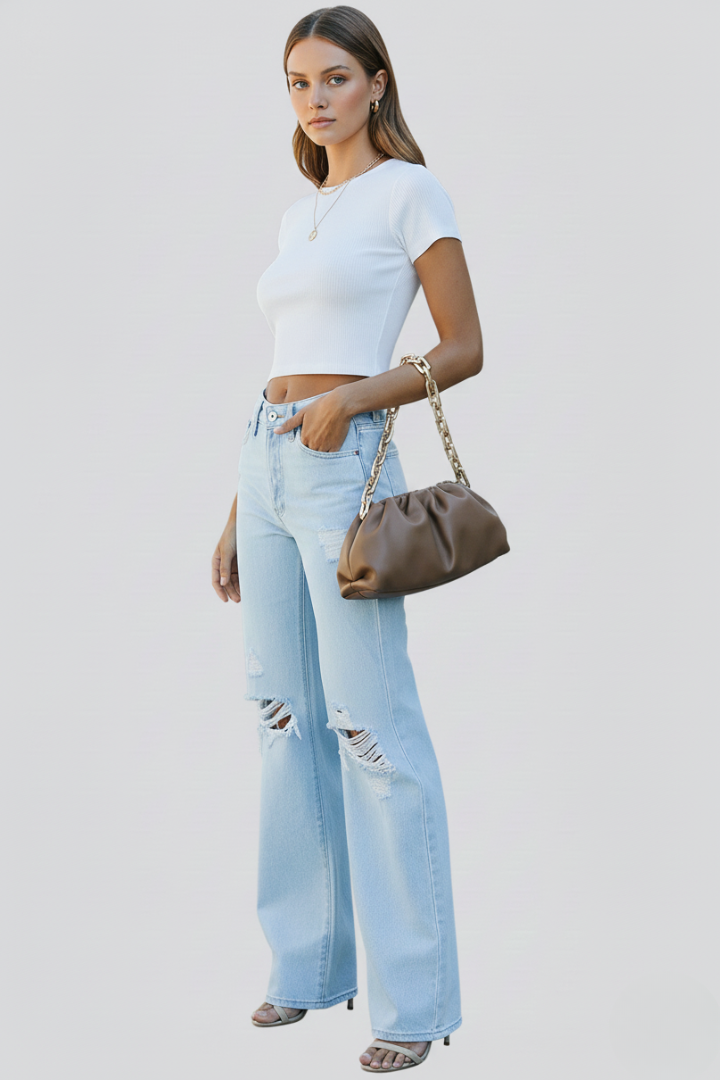 Damen High-Waist Jeans Weite Bein Rippen Ausgestellt