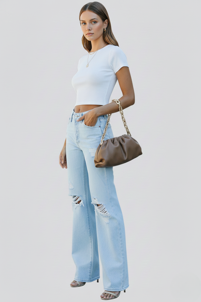 Damen High-Waist Jeans Weite Bein Rippen Ausgestellt