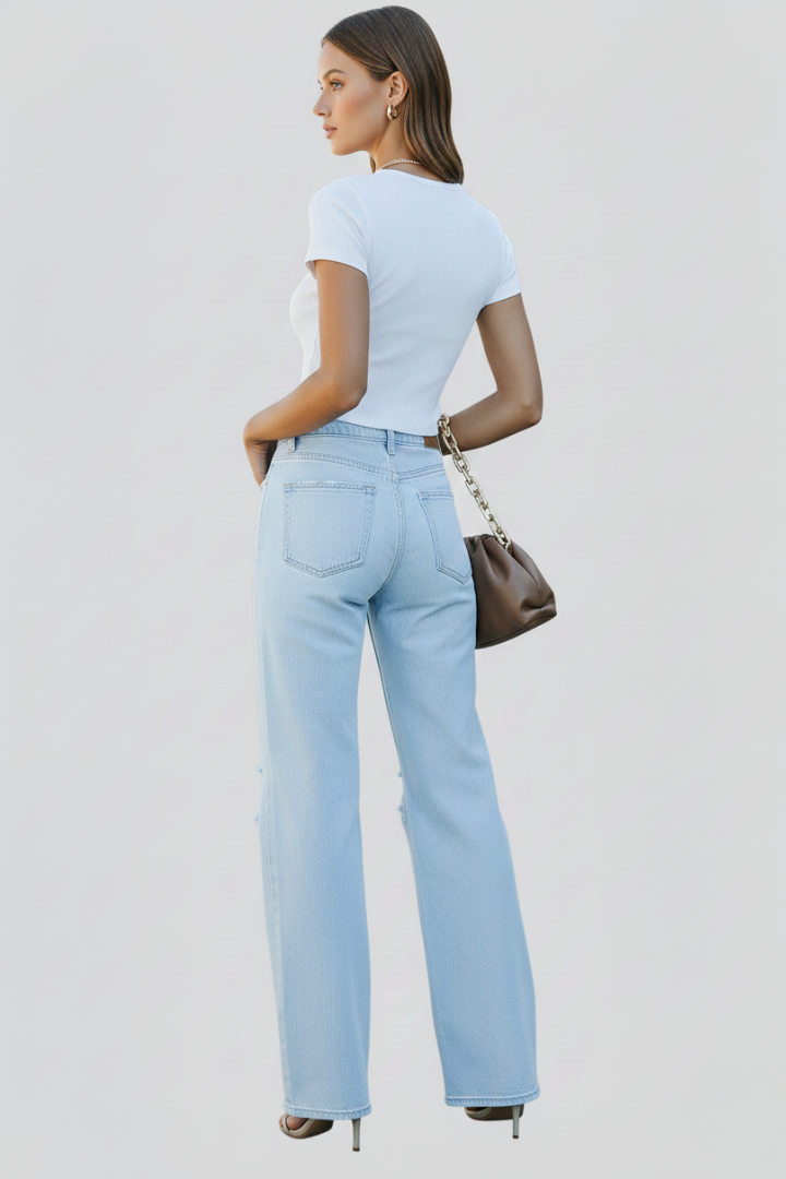 Damen High-Waist Jeans Weite Bein Rippen Ausgestellt
