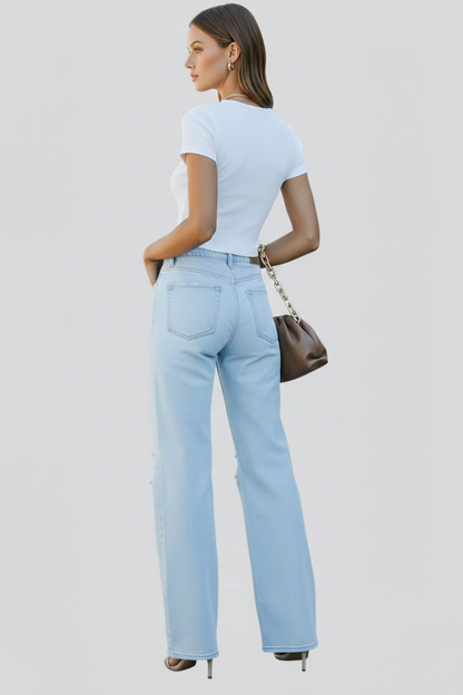 Damen High-Waist Jeans Weite Bein Rippen Ausgestellt