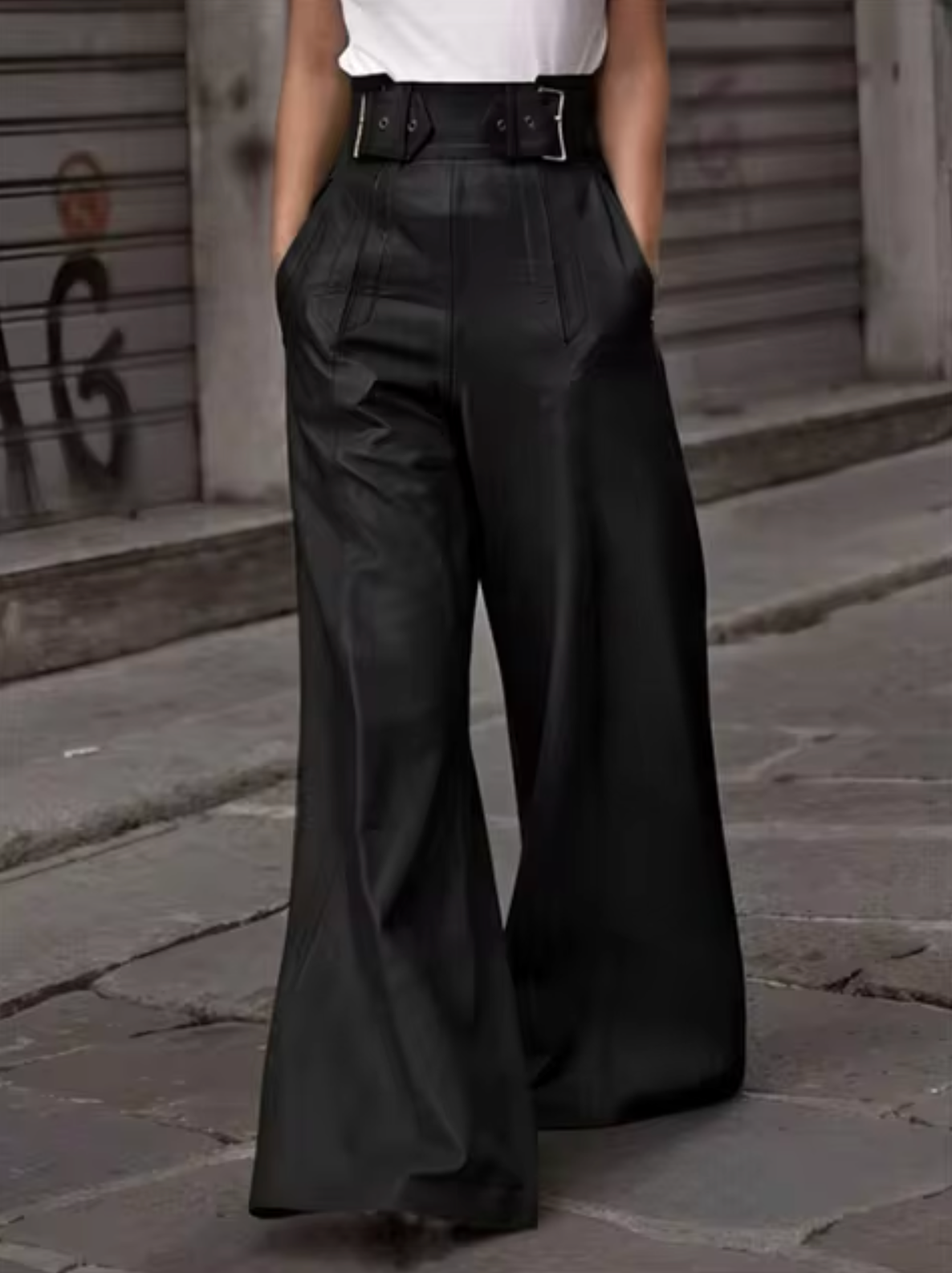 Damen Lederhosen Hoch Elegant Pliserdetails Schwarz - Eveloria