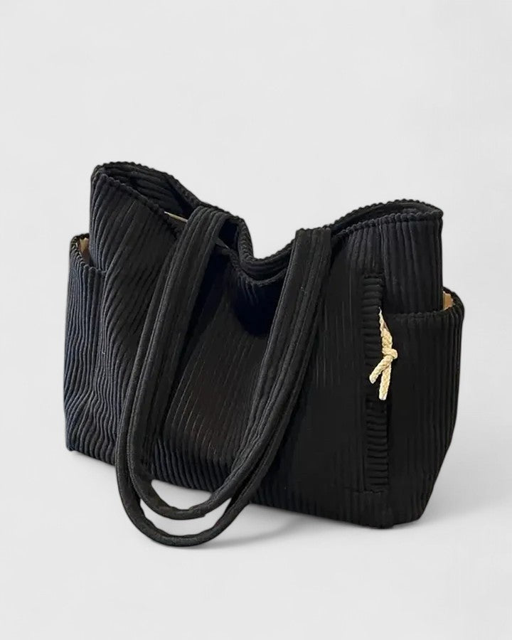 Damen Handtasche Rippstil Leder Schwarz - Eveloria