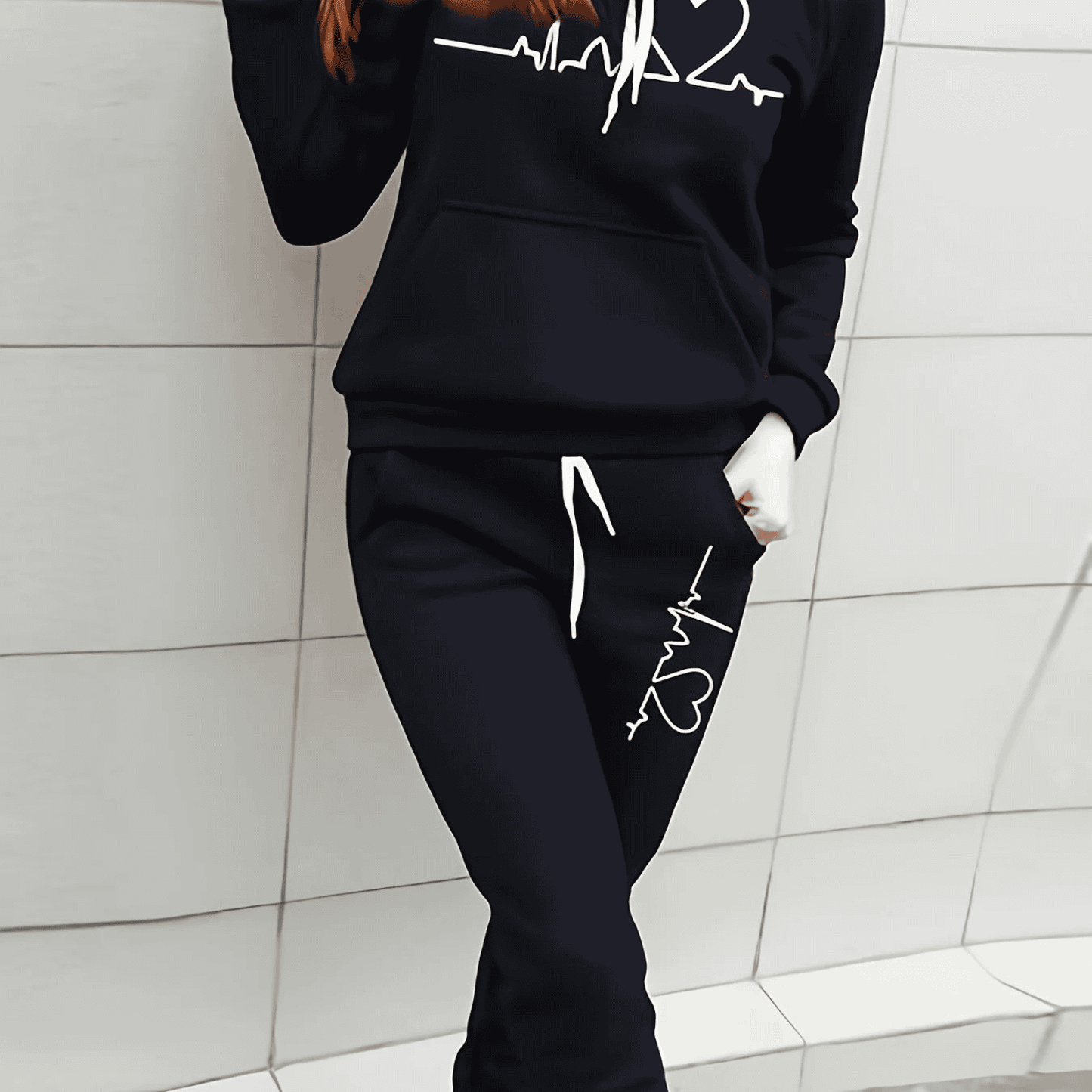 Damen Winter Hoodie Jogginghose Set Herzschlagmotiv
