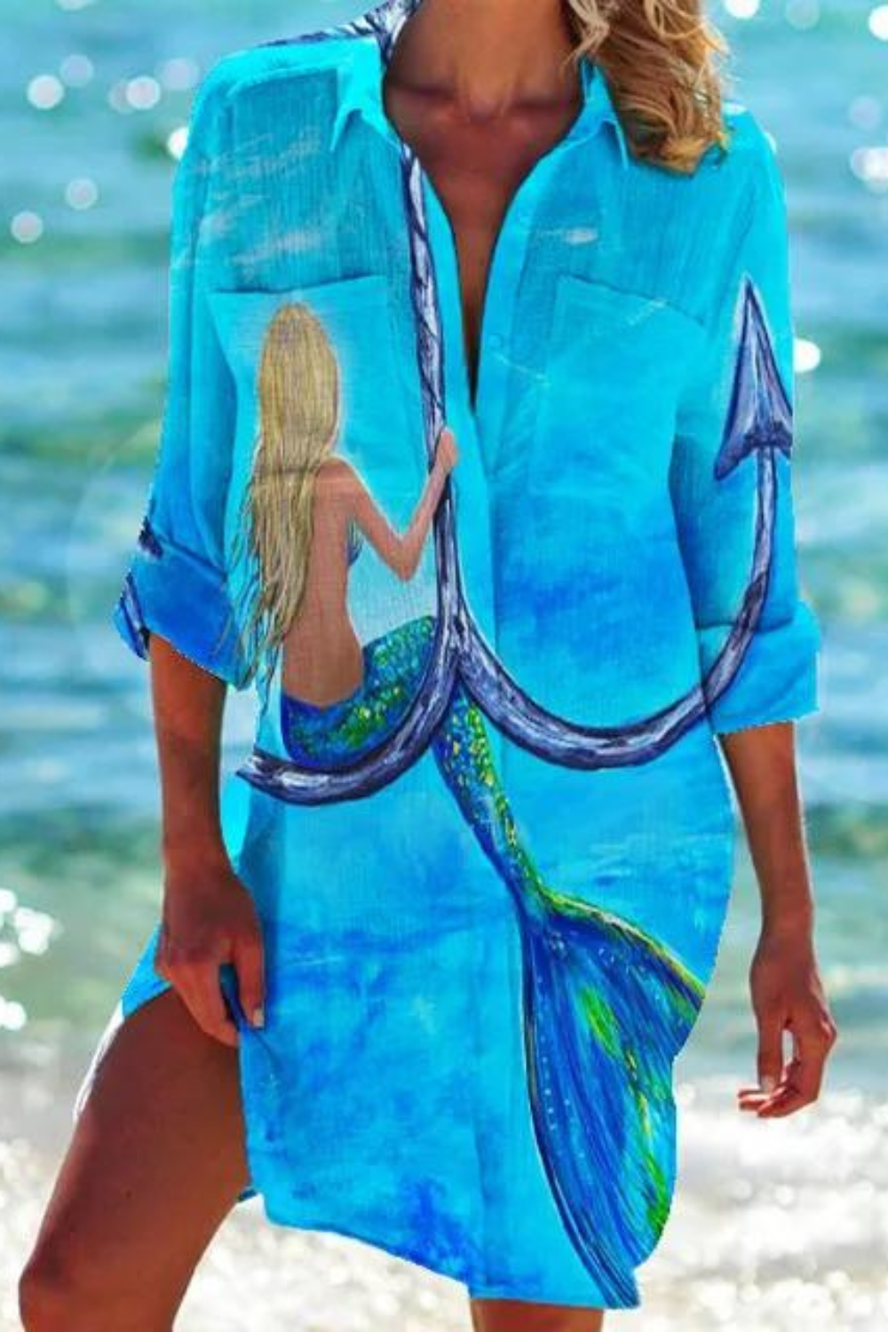 Eveloria Damen Strandbluse Meeresmotiv Lang