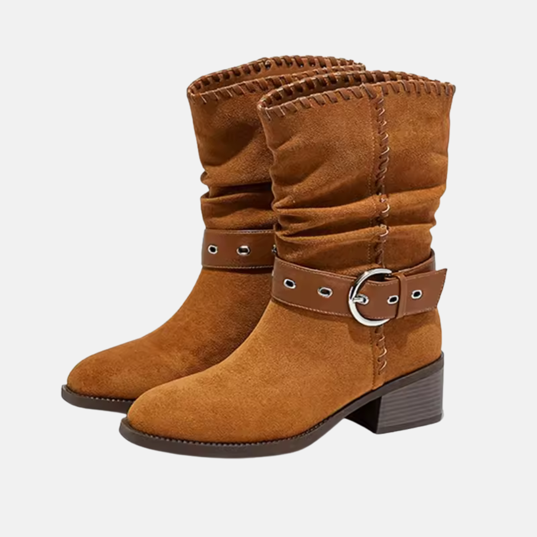 Eveloria Damen Stiefel Faux Suede Mid-Calf Mandelspitze Blockabsatz