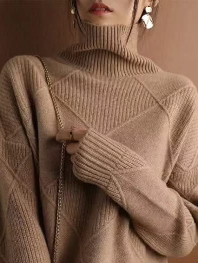 Eveloria Damen Rollkragenpullover 3D Rhombus Muster