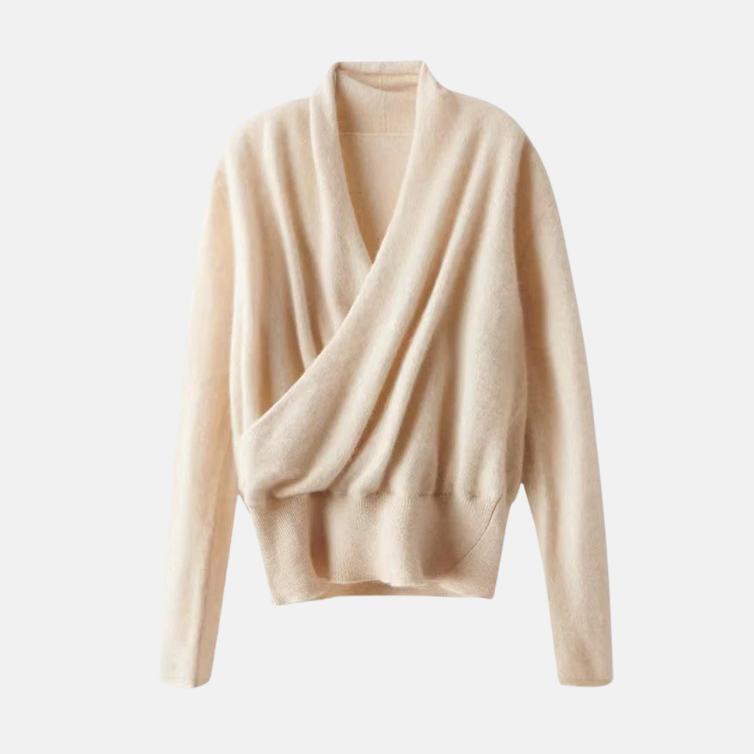 Damen Wickelpullover Weiches Strickmaterial Langarm V-Ausschnitt Beige