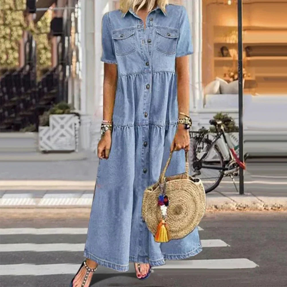 Eveloria Damen Maxi-Jeanskleid