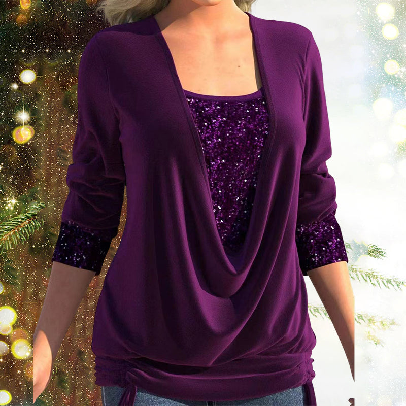 Damen Bluse Langarm Pailletten Elegante
